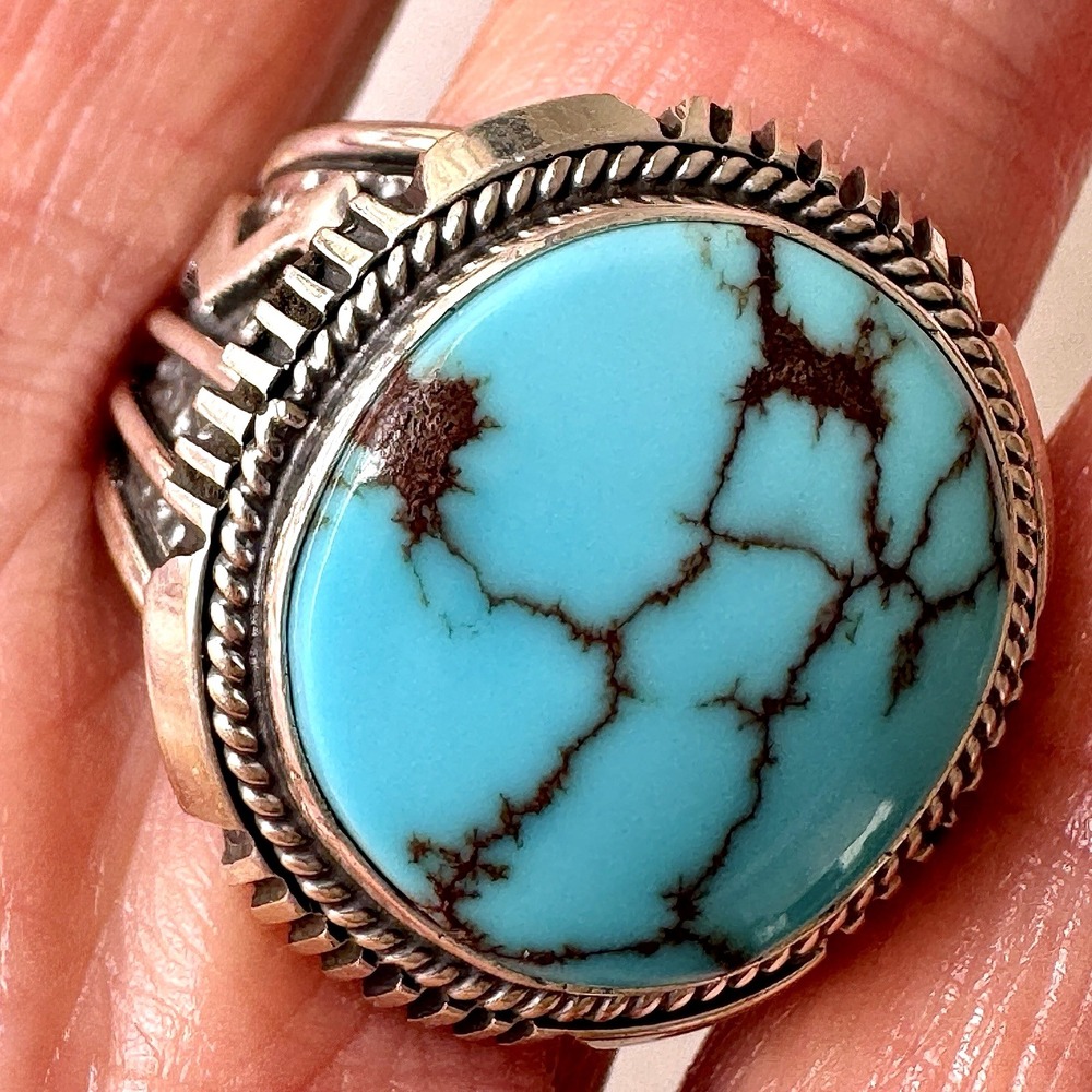 Big Navajo Mens Turquoise Ring Sz 11 Lightning‎ Signed Denetdale Sterling Native